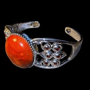 Red Sponge Coral, Garnet & Sterling Silver Hinged Cuff Bracelet Brand New